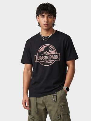 Jurassic Park Distressed Logo Round Neck T-Shirt in Black, front view
