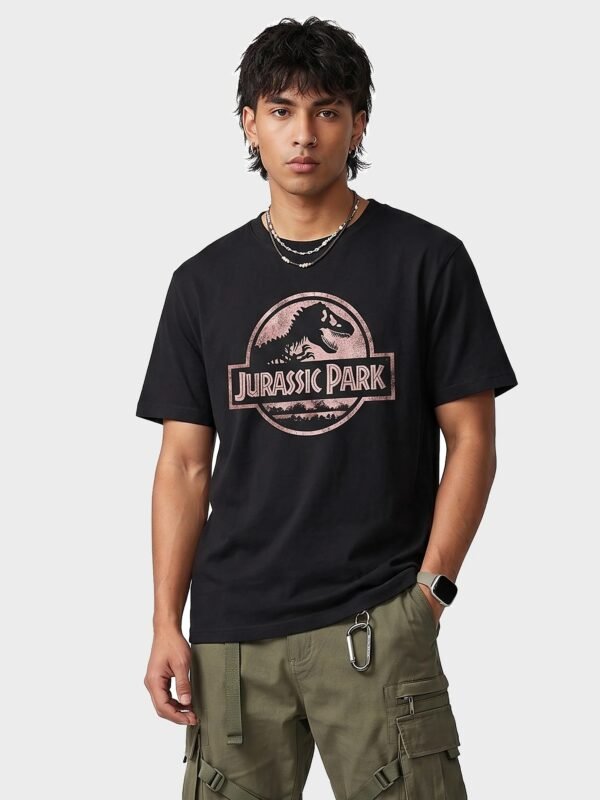 Jurassic Park Distressed Logo Round Neck T-Shirt in Black, front view