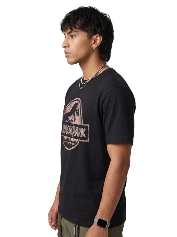 Jurassic Park Distressed Logo Round Neck T-Shirt in Black, side view