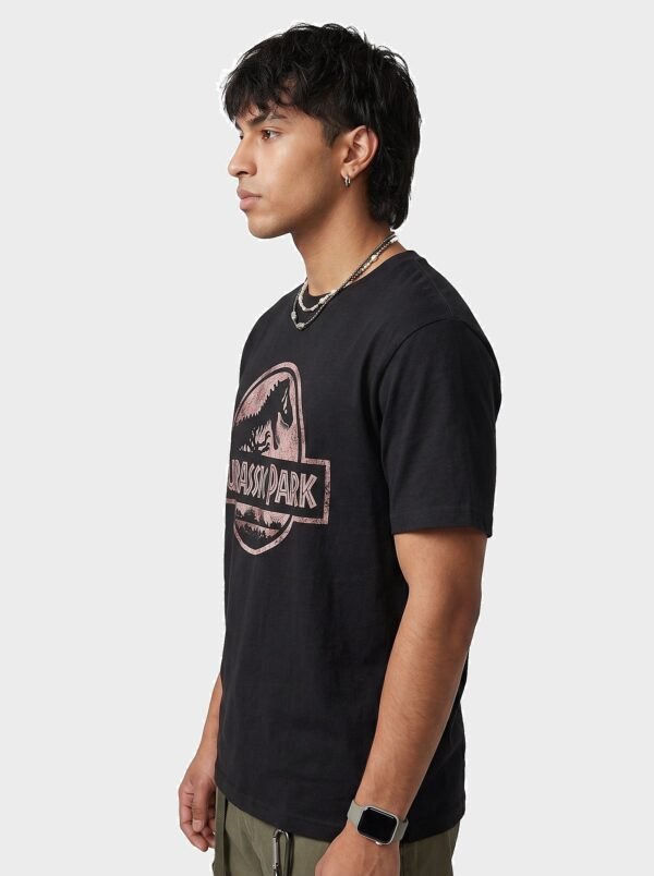 Jurassic Park Distressed Logo Round Neck T-Shirt in Black, side view