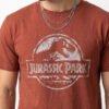 Jurassic Park Distressed Logo Round Neck T-Shirt in Brown, distressed print close-up
