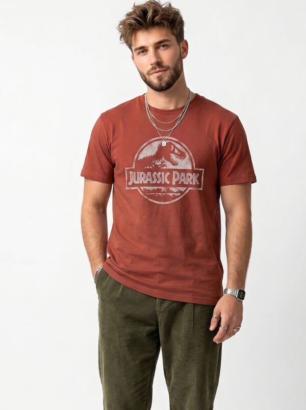 Jurassic Park Distressed Logo Round Neck T-Shirt in Brown, front view