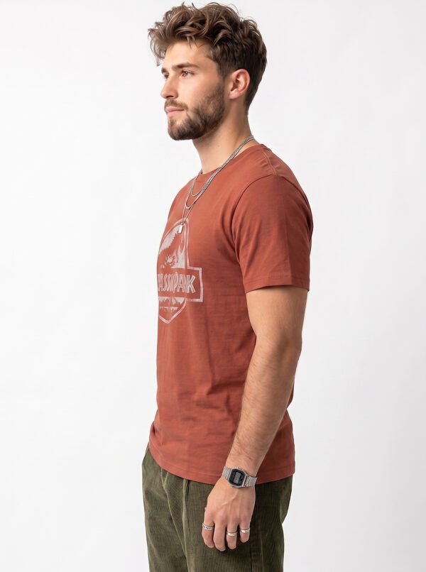 Jurassic Park Distressed Logo Round Neck T-Shirt in Brown, side view