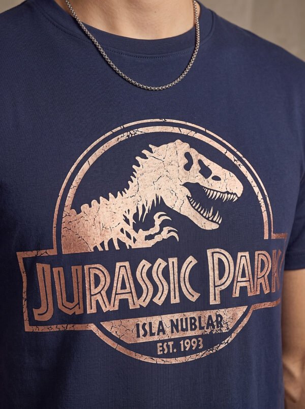 Jurassic Park Distressed Logo Round Neck T-Shirt in Navy Blue, distressed print close-up