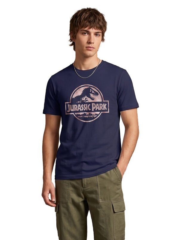 Jurassic Park Distressed Logo Round Neck T-Shirt in Navy Blue, front view