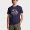 Jurassic Park Distressed Logo Round Neck T-Shirt in Navy Blue, front view