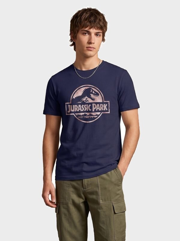 Jurassic Park Distressed Logo Round Neck T-Shirt in Navy Blue, front view