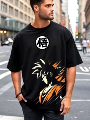 Goku Orange Aesthetic 180 GSM Oversized Tee — black, view 1
