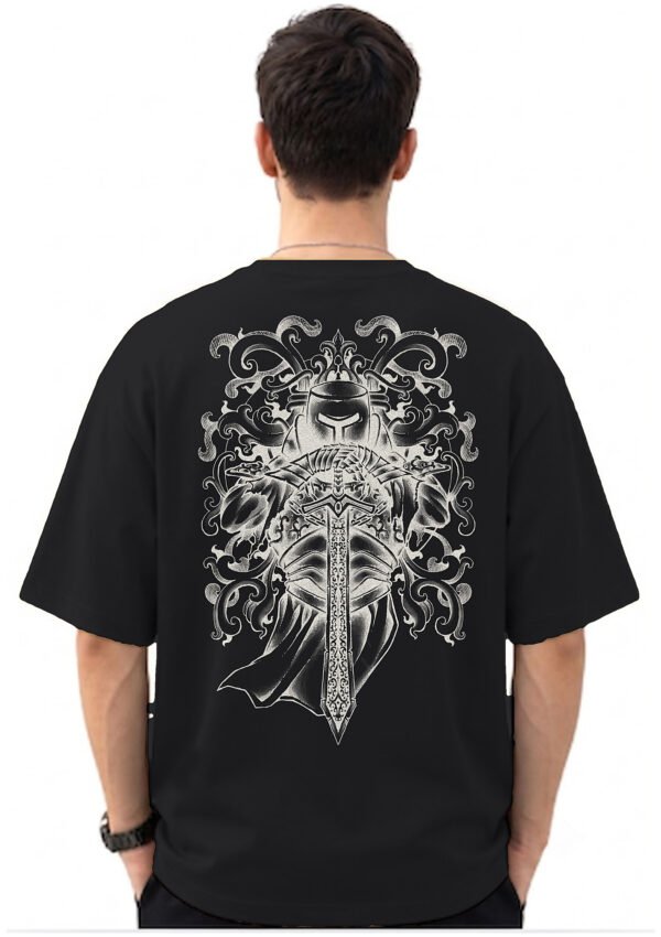 Armoured Knight Sword 220 GSM oversized tee in Black — back view