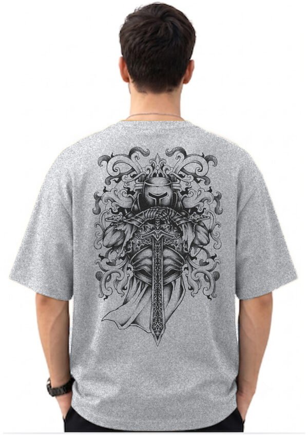 Armoured Knight Sword 220 GSM oversized tee in Grey Melange — back view