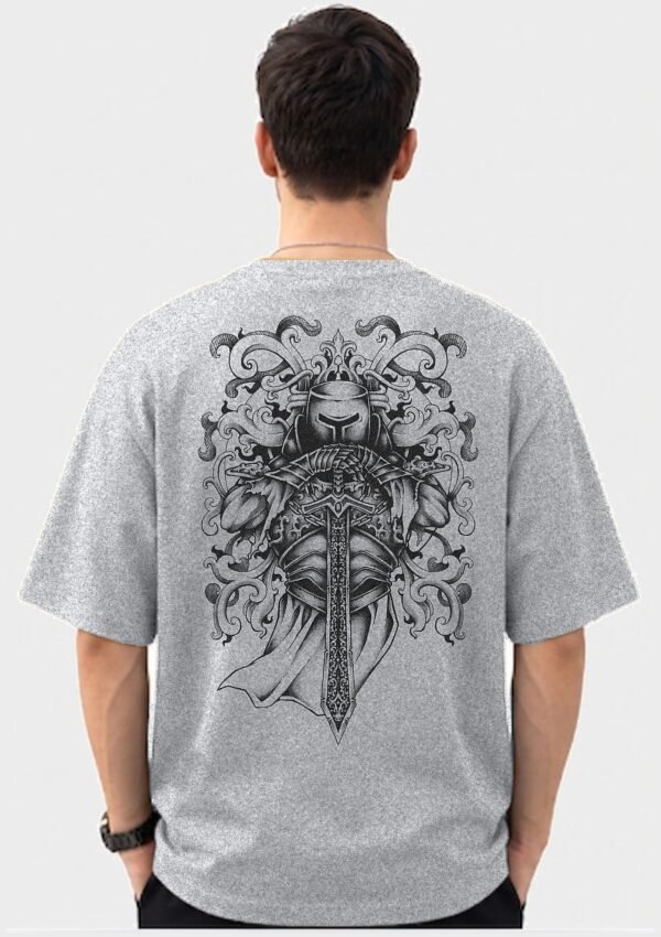 Armoured Knight Sword Oversized Tee Grey Melange back Armoured Knight Sword 220 GSM oversized tee in Grey Melange — back view