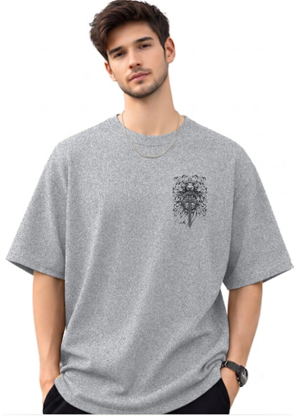 Armoured Knight Sword 220 GSM oversized tee in Grey Melange — front view