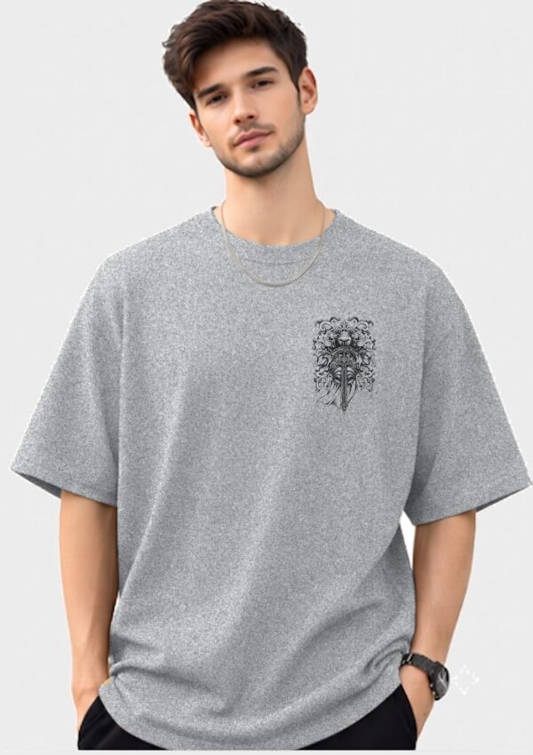 Armoured Knight Sword Oversized Tee Grey Melange front Armoured Knight Sword 220 GSM oversized tee in Grey Melange — front view