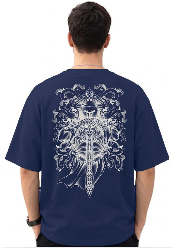 Armoured Knight Sword 220 GSM oversized tee in Navy Blue — back view