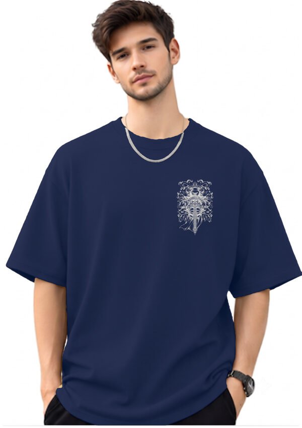 Armoured Knight Sword 220 GSM oversized tee in Navy Blue — front view