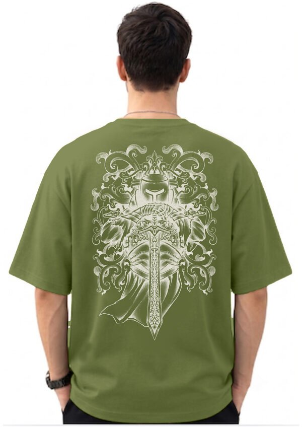 Armoured Knight Sword 220 GSM oversized tee in Olive Green — back view