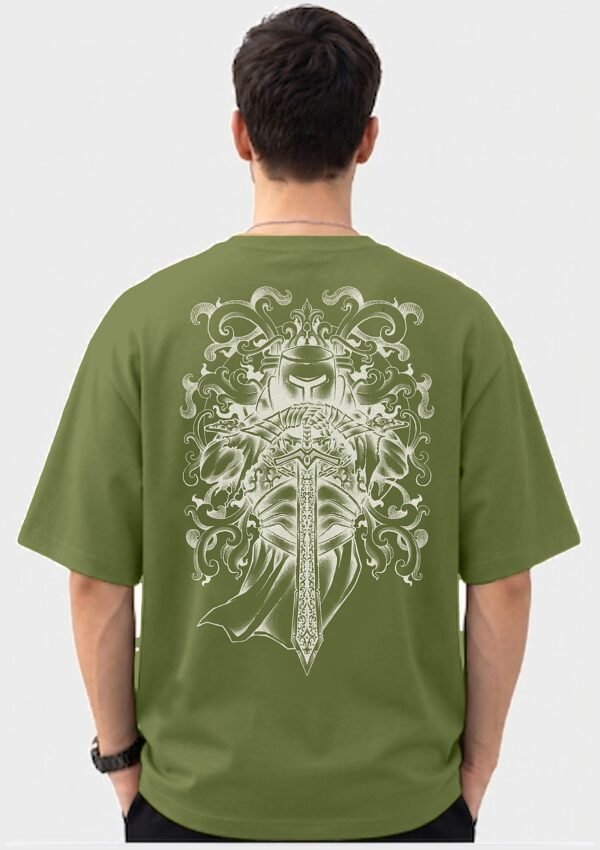 Armoured Knight Sword Oversized Tee Olive Green back Armoured Knight Sword 220 GSM oversized tee in Olive Green — back view