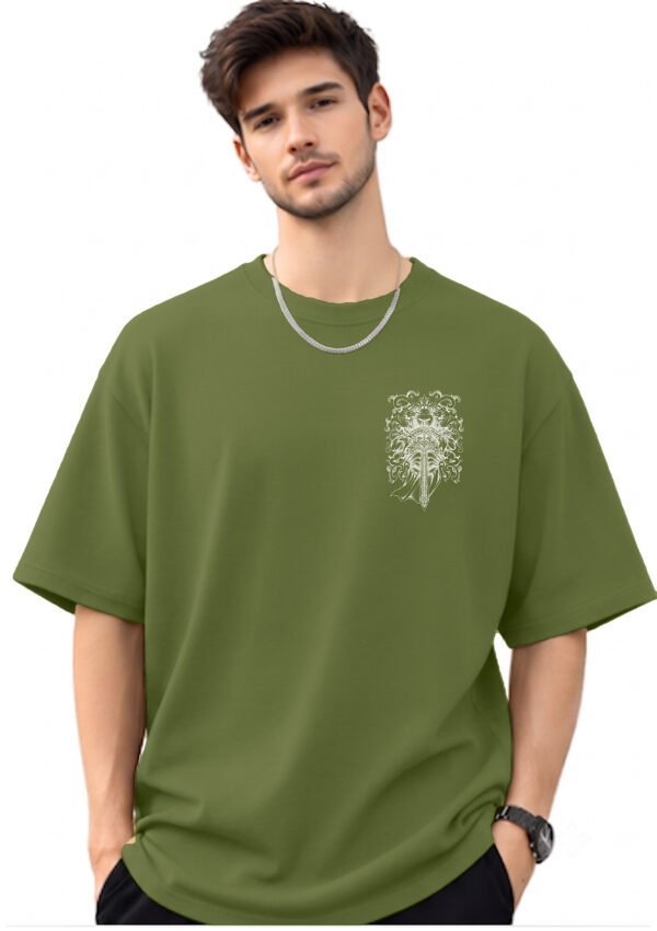 Armoured Knight Sword 220 GSM oversized tee in Olive Green — front view
