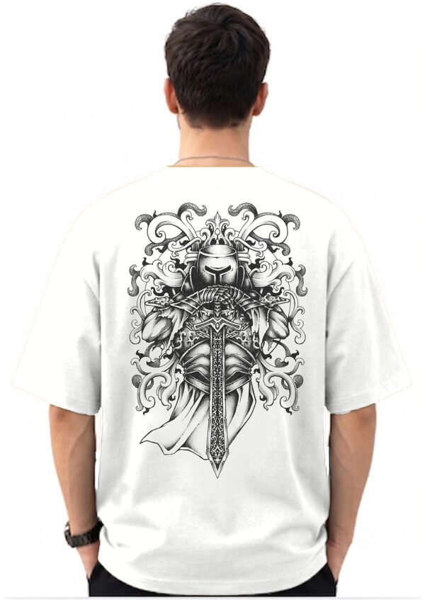 Armoured Knight Sword 220 GSM oversized tee in White — back view