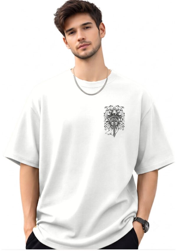 Armoured Knight Sword 220 GSM oversized tee in White — front view