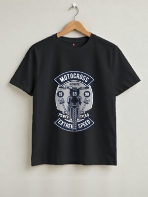 Motocross Extreme Speed Round Neck T-Shirt - Black - Front View
