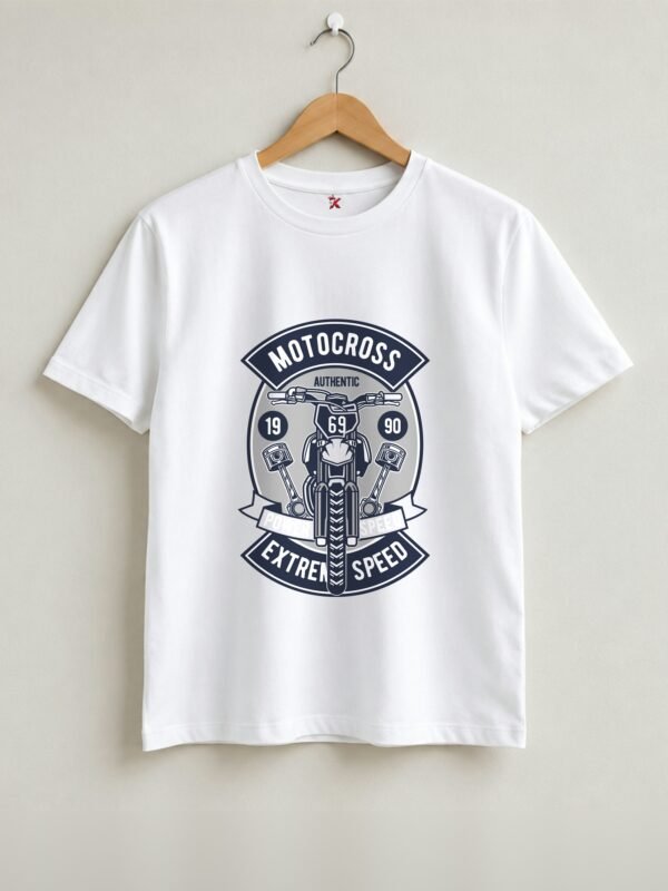 Motocross Extreme Speed Round Neck T-Shirt - White - Front View Motocross Extreme Speed Round Neck T-Shirt - White - Front View
