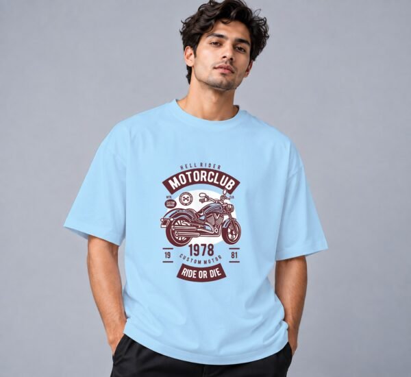Hell Rider Motorclub 240 GSM Oversized Tee in baby blue, front view – Kool Kameez