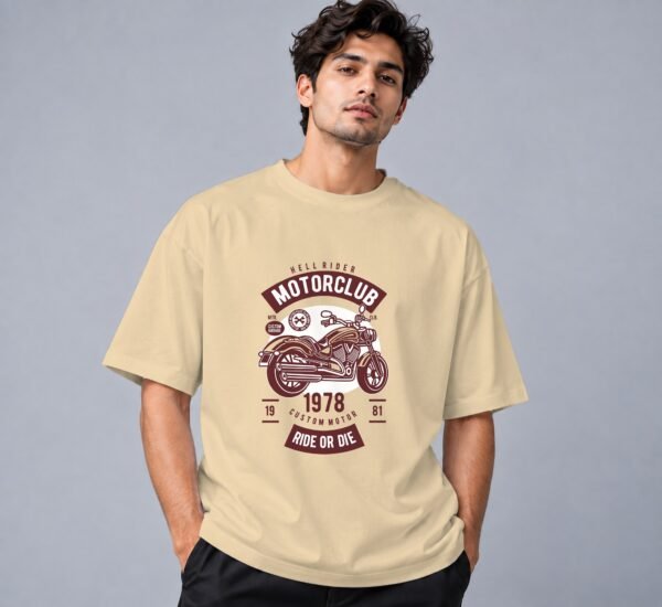 Hell Rider Motorclub Retro Round Neck T-Shirt in beige, front view – Kool Kameez