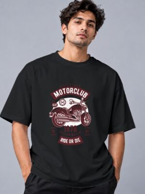 motorcycle-club-tshirt-black-front Hell Rider Motorclub 240 GSM Oversized Tee in black, front view – Kool Kameez