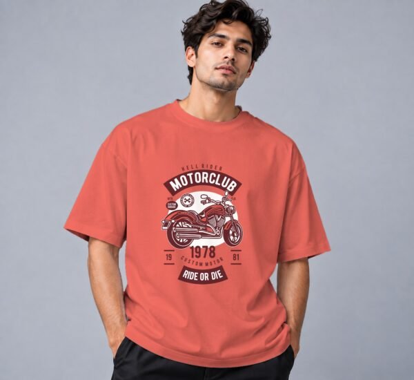 Hell Rider Motorclub 240 GSM Oversized Tee in coral, front view – Kool Kameez