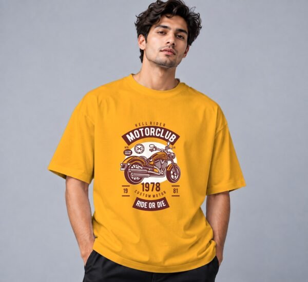 Hell Rider Motorclub 240 GSM Oversized Tee in golden yellow, front view – Kool Kameez