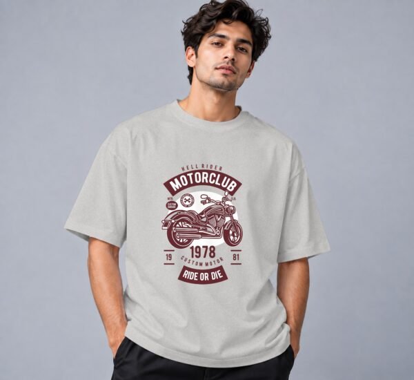 Hell Rider Motorclub 240 GSM Oversized Tee in grey melange, front view – Kool Kameez
