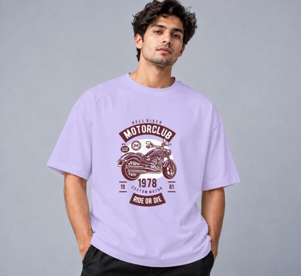 Hell Rider Motorclub 240 GSM Oversized Tee in lavender, front view – Kool Kameez