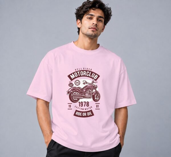 Hell Rider Motorclub 240 GSM Oversized Tee in light baby pink, front view – Kool Kameez