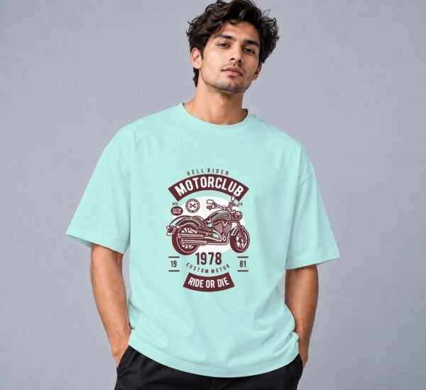 Hell Rider Motorclub 240 GSM Oversized Tee in mint, front view – Kool Kameez