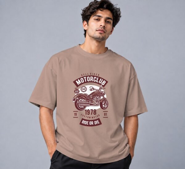 Hell Rider Motorclub Retro Round Neck T-Shirt in mushroom, front view – Kool Kameez