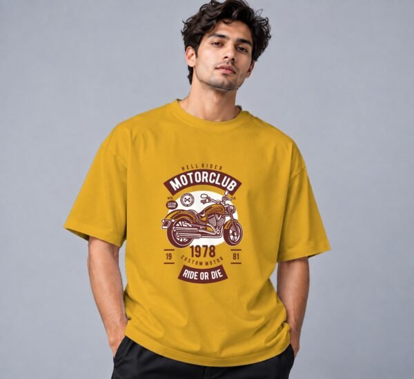Hell Rider Motorclub 240 GSM Oversized Tee in mustard yellow, front view – Kool Kameez