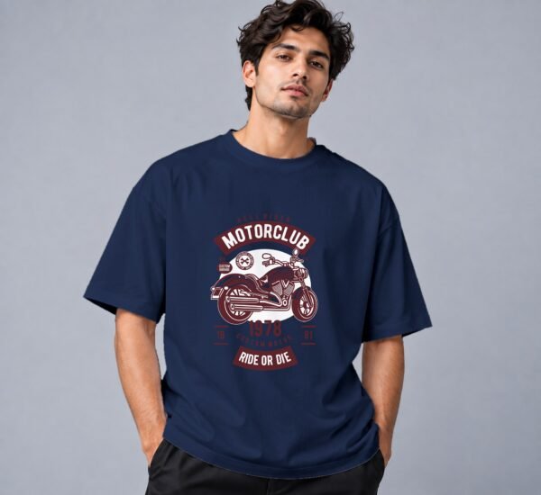 Hell Rider Motorclub 240 GSM Oversized Tee in navy blue, front view – Kool Kameez