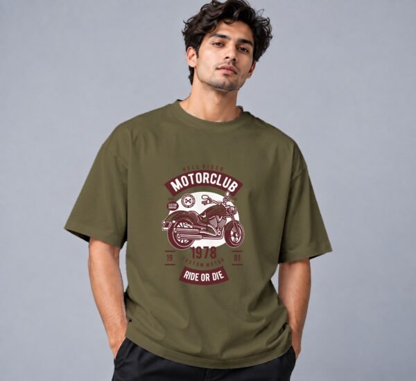 Hell Rider Motorclub 240 GSM Oversized Tee in olive green, front view – Kool Kameez