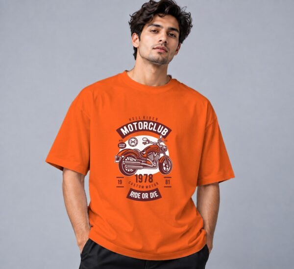 Hell Rider Motorclub Retro Round Neck T-Shirt in orange, front view – Kool Kameez