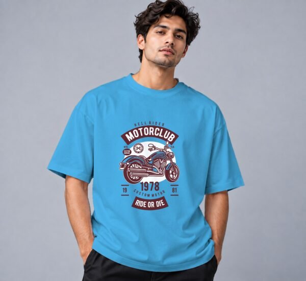 Hell Rider Motorclub Retro Round Neck T-Shirt in skyblue, front view – Kool Kameez