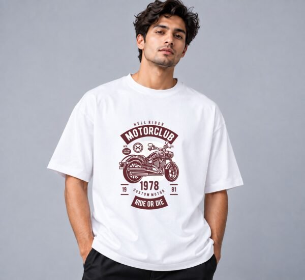 Hell Rider Motorclub 240 GSM Oversized Tee in white, front view – Kool Kameez