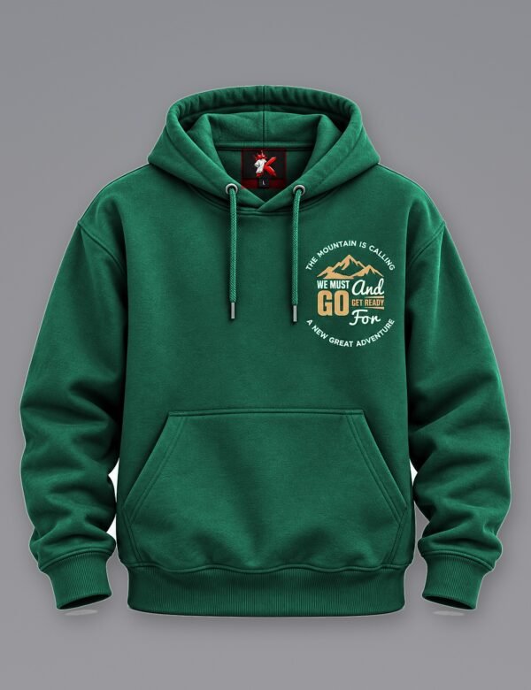 Mountain Is Calling Hoodie — Bottle Green — front view The Mountain Is Calling hoodie in Bottle Green — front view