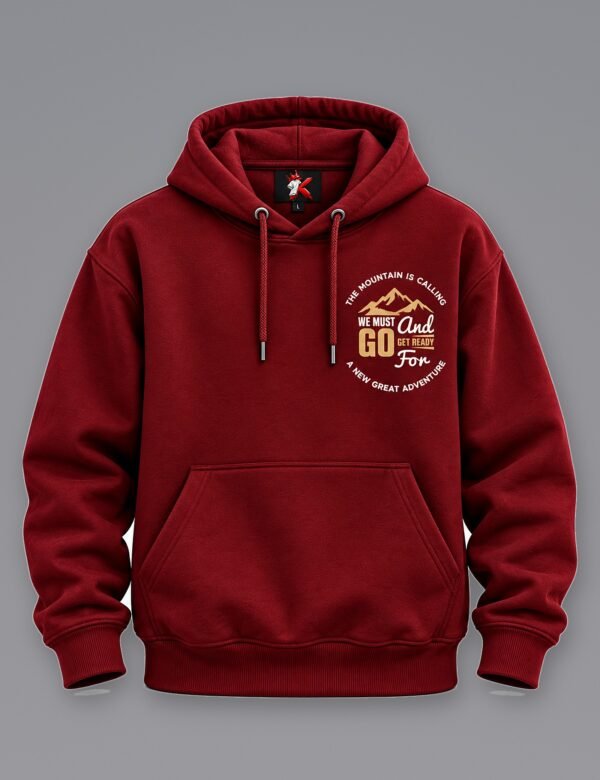 Mountain Is Calling Hoodie — Maroon — front view The Mountain Is Calling hoodie in Maroon — front view