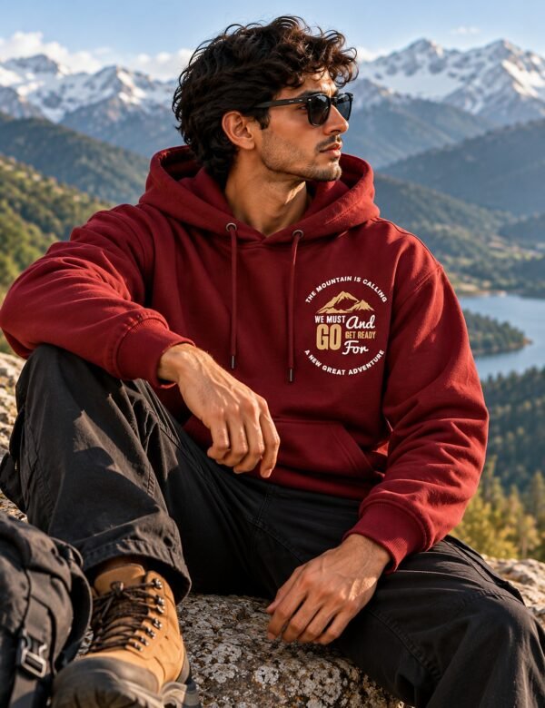Mountain Is Calling Hoodie — Maroon — worn outdoors, seated The Mountain Is Calling hoodie in Maroon — worn outdoors, seated
