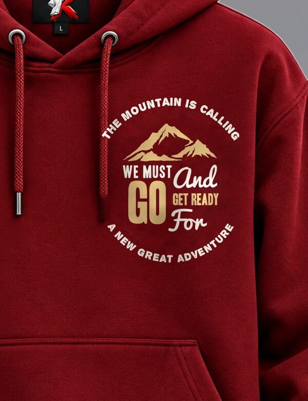 Mountain Is Calling Hoodie — Maroon — chest print close-up The Mountain Is Calling hoodie in Maroon — chest print close-up
