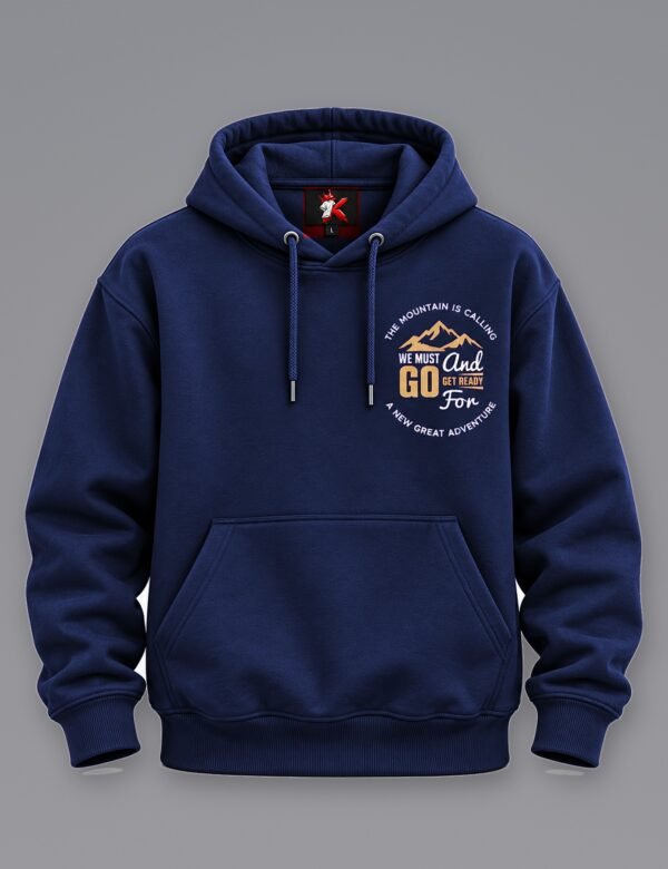 Mountain Is Calling Hoodie — Navy Blue — front view The Mountain Is Calling hoodie in Navy Blue — front view