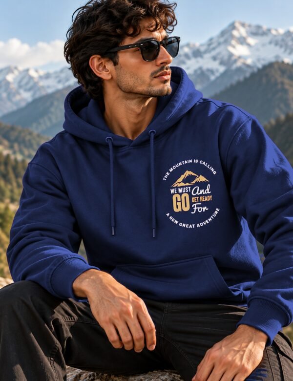 Mountain Is Calling Hoodie — Navy Blue — worn on a mountain trail The Mountain Is Calling hoodie in Navy Blue — worn on a mountain trail