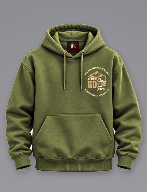Mountain Is Calling Hoodie — Olive Green — front view The Mountain Is Calling hoodie in Olive Green — front view