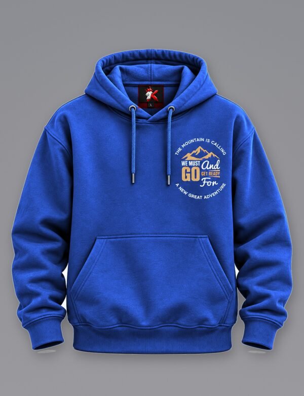 Mountain Is Calling Hoodie — Royal Blue — front view The Mountain Is Calling hoodie in Royal Blue — front view